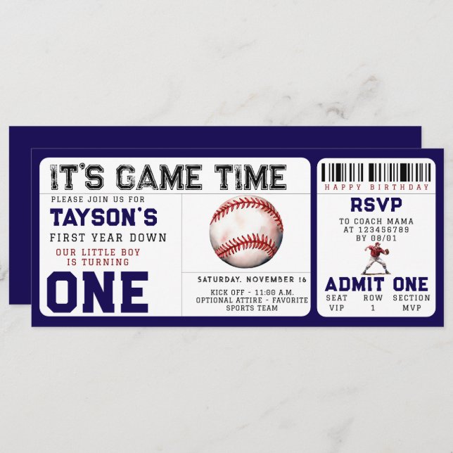 Baseball "First Year Down" 1st Birthday Ticket Invitation (Front/Back)
