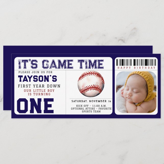 Baseball First Year Down 1st Birthday Ticket  Invitation (Front/Back)