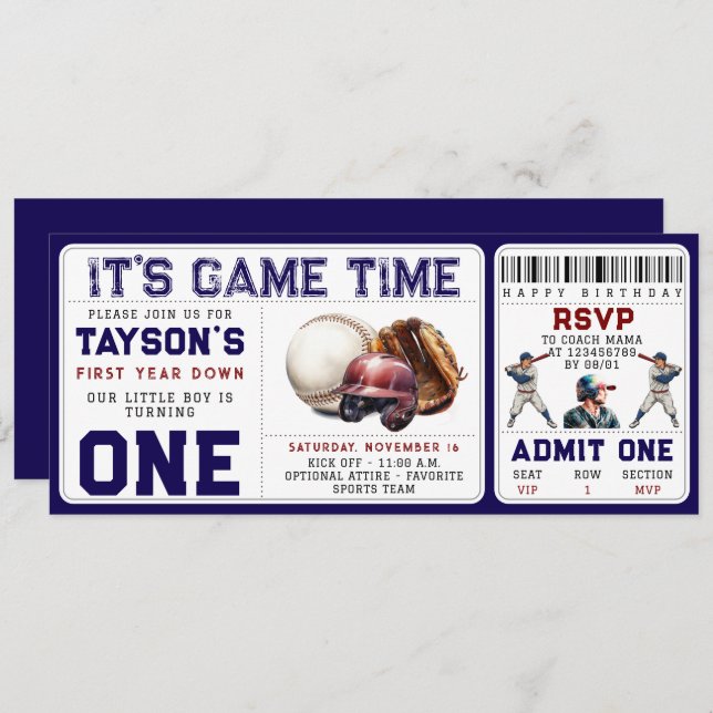 Baseball First Year Down 1st Birthday Ticket Invitation (Front/Back)