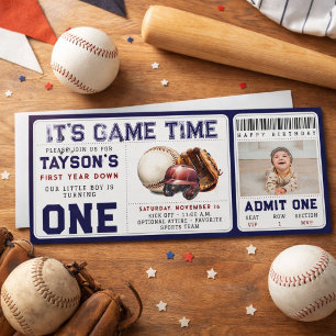 Baseball First Year Down 1st Birthday Ticket Invitation