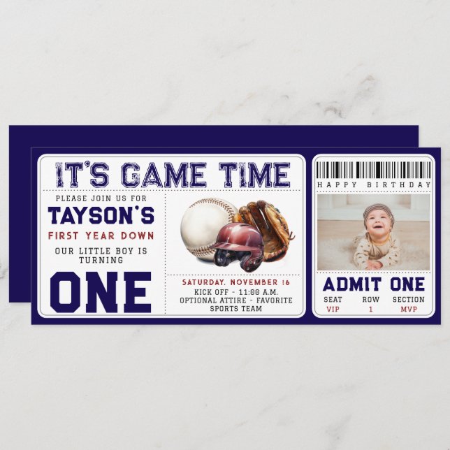 Baseball First Year Down 1st Birthday Ticket Invitation (Front/Back)