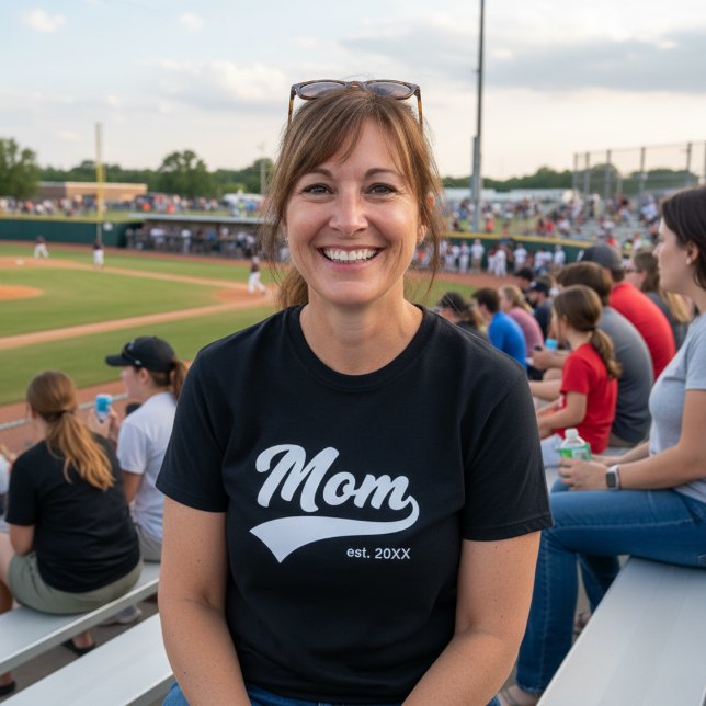 Baseball Font Style New Mom with Established Year  T-Shirt (Baseball Cursive Font With Swash Under Personalied Mom Established Year Black Baseball Mom T-shirt)