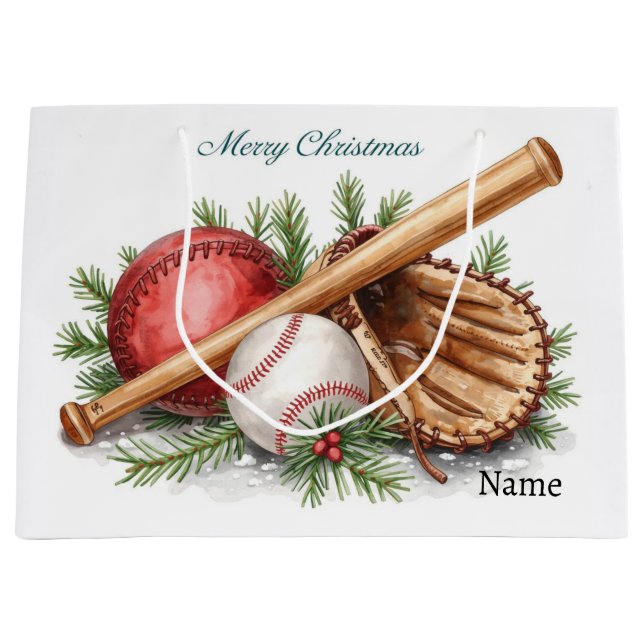 Baseball for Christmas with name for kids   Large Gift Bag (Front)