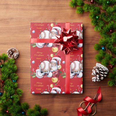 Baseball for Christmas with Santa Hat  Wrapping Paper