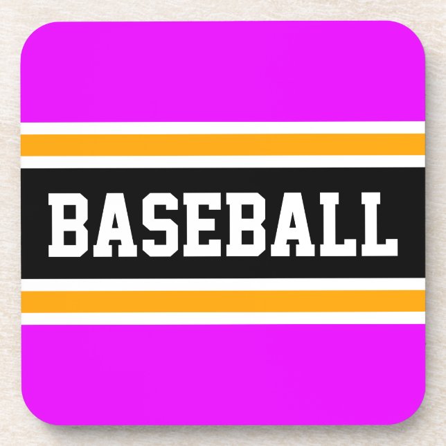 BASEBALL Fun Athletic Pink Orange Black Stripes Beverage Coaster (Front)