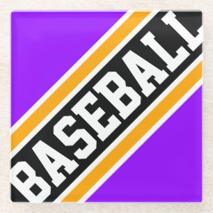 BASEBALL Fun Bright Purple Black Orange Stripes Glass Coaster