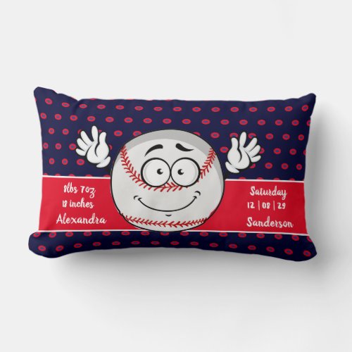 Baseball funny face birth stats  Red White Blue Lumbar Pillow