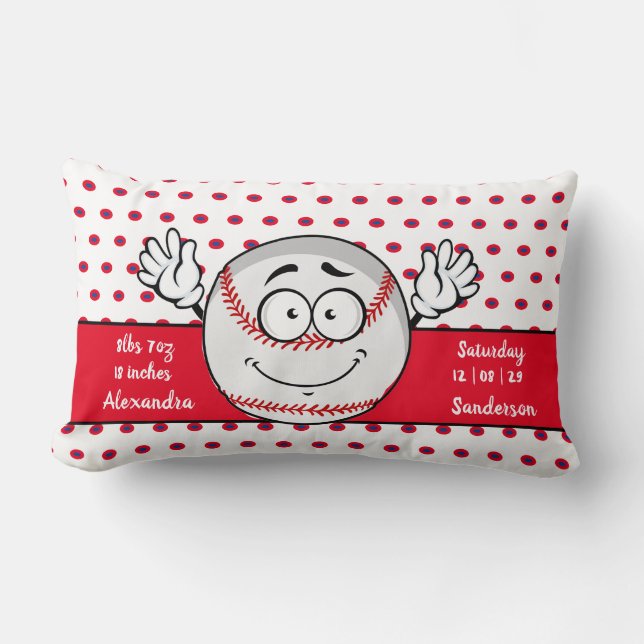Baseball funny face birth stats Red White Lumbar Pillow (Front)