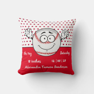 Baseball funny face birth stats Red White Throw Pillow