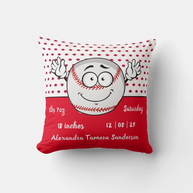 Baseball funny face birth stats Red White  Throw Pillow (Front)