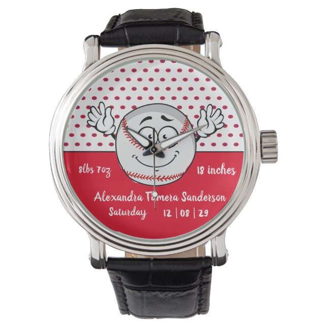 Baseball funny face birth stats Red White  Watch (Front)