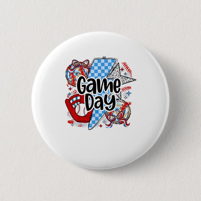 Baseball Game Day Retro Tis The Season Checkered Button (Front)