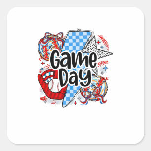 Baseball Game Day Retro Tis The Season Checkered Square Sticker