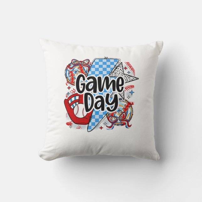 Baseball Game Day Retro Tis The Season Checkered Throw Pillow (Front)