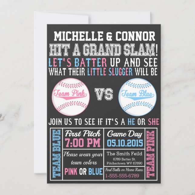 Baseball Gender Reveal Party Invitation Chalkboard (Front)