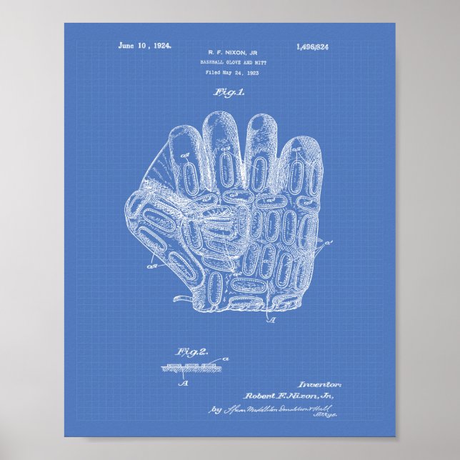Baseball Glove 1924 Patent Art - Blueprint Poster (Front)