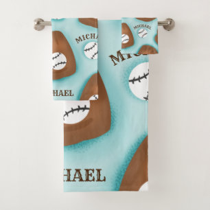Baseball Glove Ball & Boy Name Pattern Sport Theme Bath Towel Set