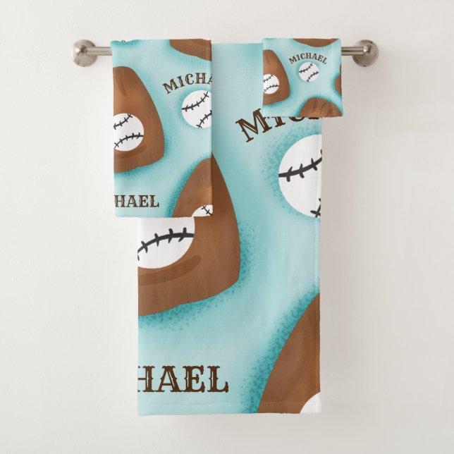 Baseball Glove Ball & Boy Name Pattern Sport Theme Bath Towel Set (Insitu)