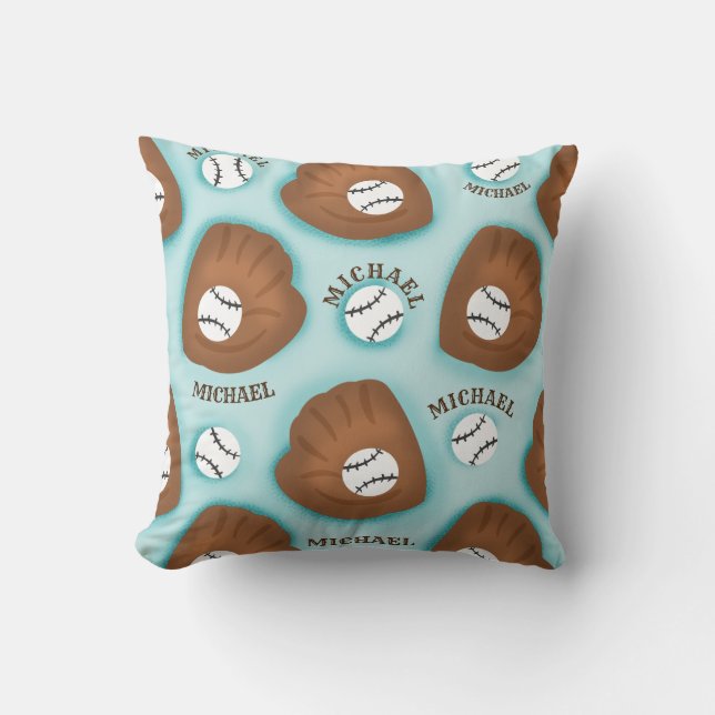Baseball Glove Ball & Boy Name Pattern Sport Theme Throw Pillow (Front)