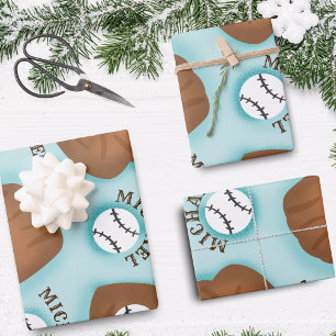 Baseball Glove Ball & Boy Name Pattern Sport Theme Wrapping Paper Sheets