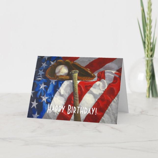 Baseball, glove, bat & American flag birthday card (Front)