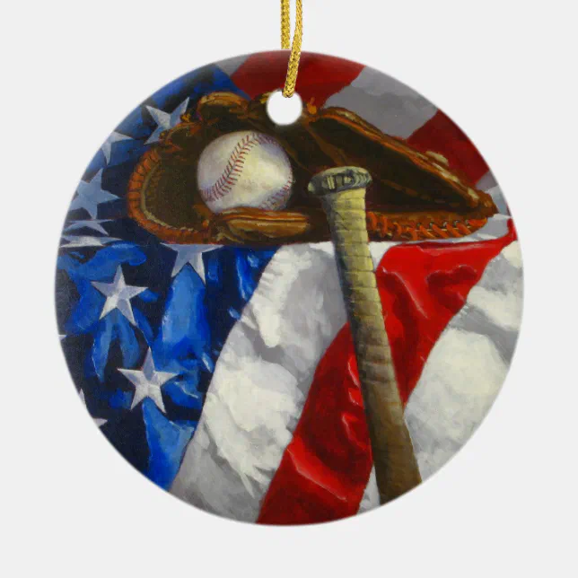 Baseball, Glove, Bat & American Flag Ceramic Ornament | Zazzle