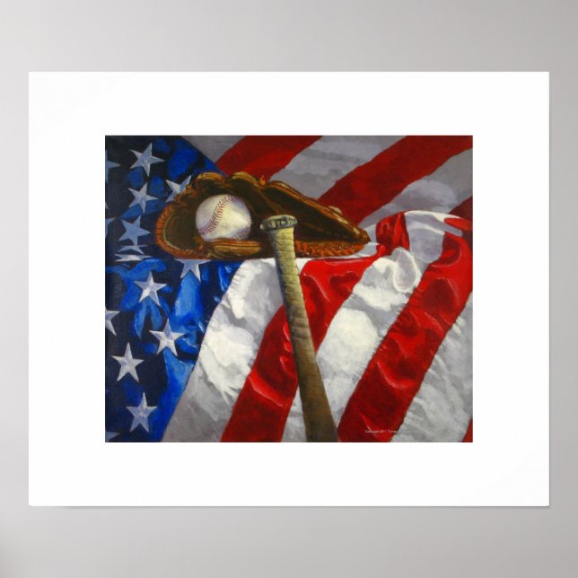 Baseball, glove, bat & American flag poster (Front)