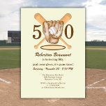 Baseball Glove Bats Themed Men's 50th Birthday Invitation<br><div class="desc">Step up to the plate for a fun celebration with this vintage baseball-inspired 50th birthday invitation! A baseball glove and crossed bats create a nostalgic look, framed by the numbers 5 and 0 on a warm cream background. With witty text like “is batting fifty” and “Get your glove, it’s game...</div>