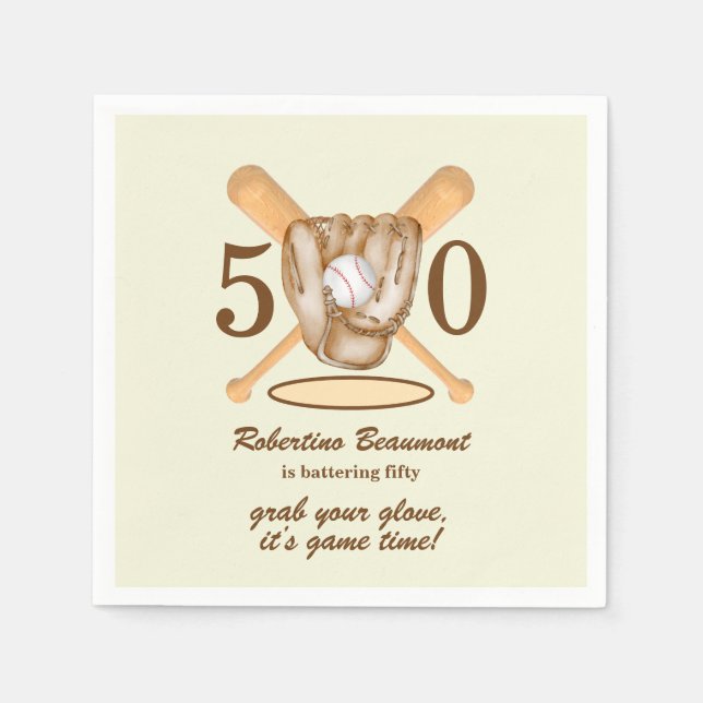 Baseball Glove Bats Themed Men's 50th Birthday Napkins (Front)