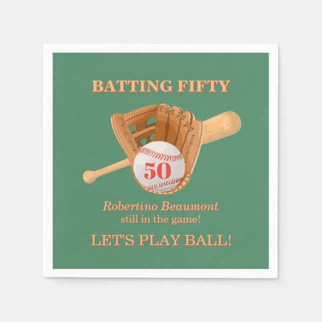 Baseball Glove Batting Fifty Men's 50th Birthday Napkins (Front)