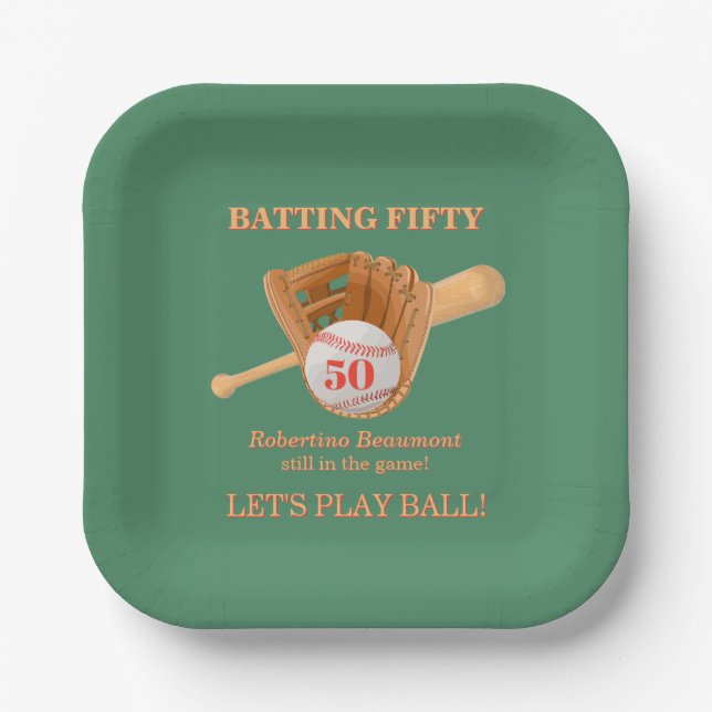 Baseball Glove Batting Fifty Men's 50th Birthday Paper Plates (Front)