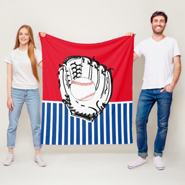 Baseball Glove Blue & Red Striped Fleece Blanket (In Situ)