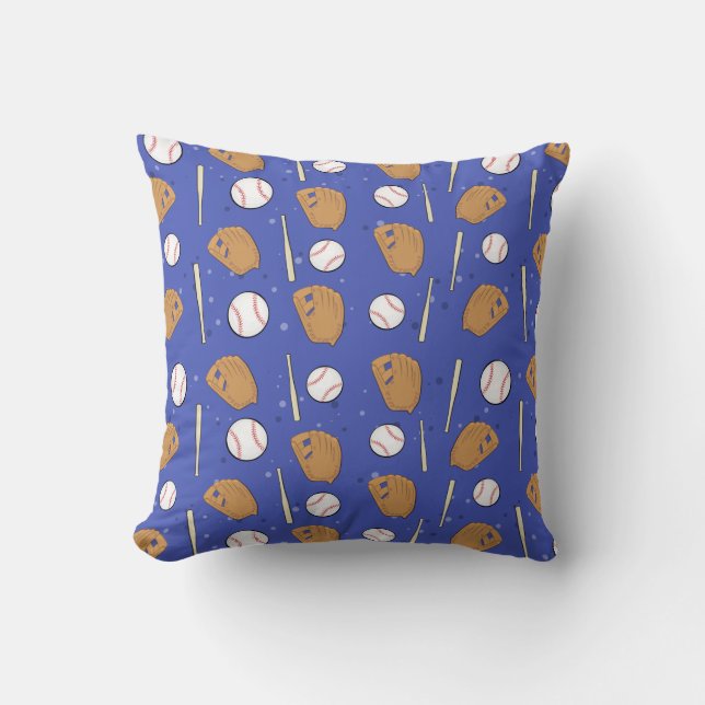 Baseball - Gloves, Balls & Bats on Blue Background Throw Pillow (Front)