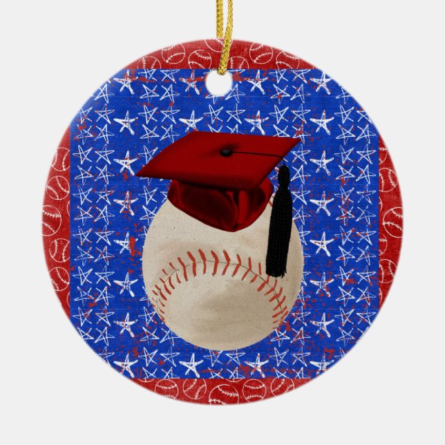 Baseball Graduation Cap, Stars, Red, White, Blue Ceramic Ornament (Front)
