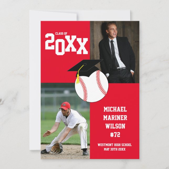 Baseball Graduation Sport Red Photo Announcement (Front)