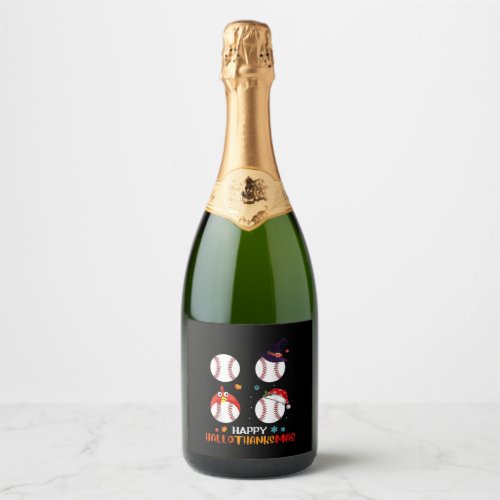 Baseball Halloween And Merry Christmas Happy Sparkling Wine Label