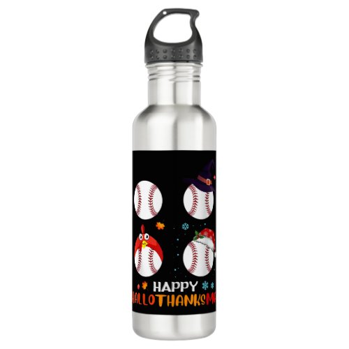 Baseball Halloween And Merry Christmas Happy Stainless Steel Water Bottle