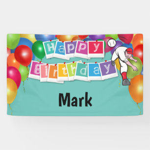 Baseball Happy Birthday player throw ball balloon Banner