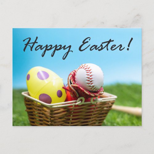 Baseball Happy Easter with Eggs in Basket Holiday Postcard