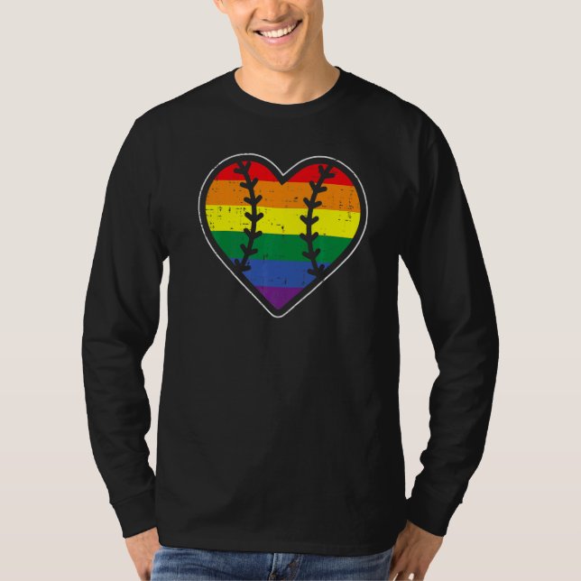 Baseball Heart Sport LGBTQ Rainbow Flag Gay Pride  T-Shirt (Front)