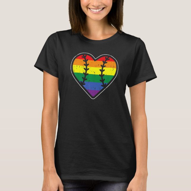 Baseball Heart Sport LGBTQ Rainbow Flag Gay Pride  T-Shirt (Front)