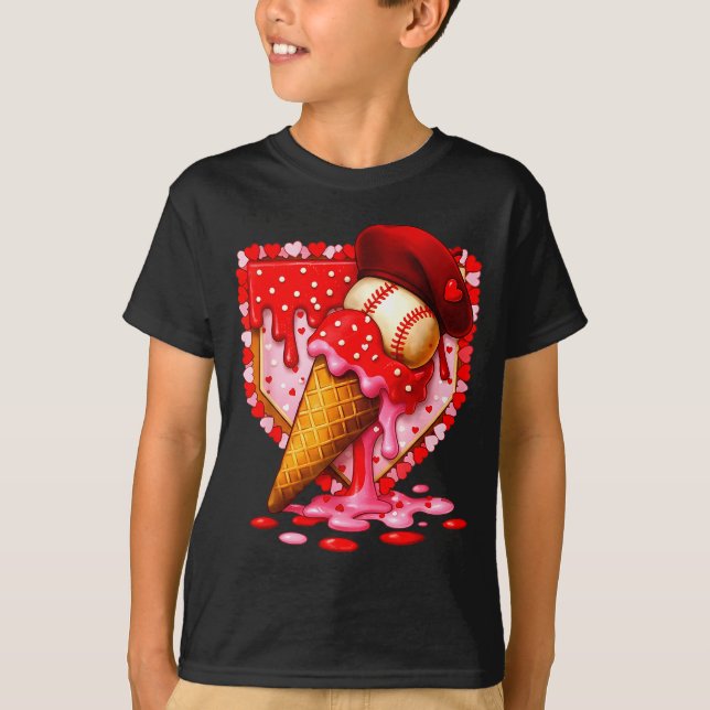 Baseball Heart Valentine Baseball Ice Cream Drip B T-Shirt (Front)