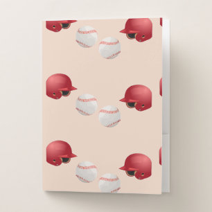 Baseball helmet and balls on pocket folder