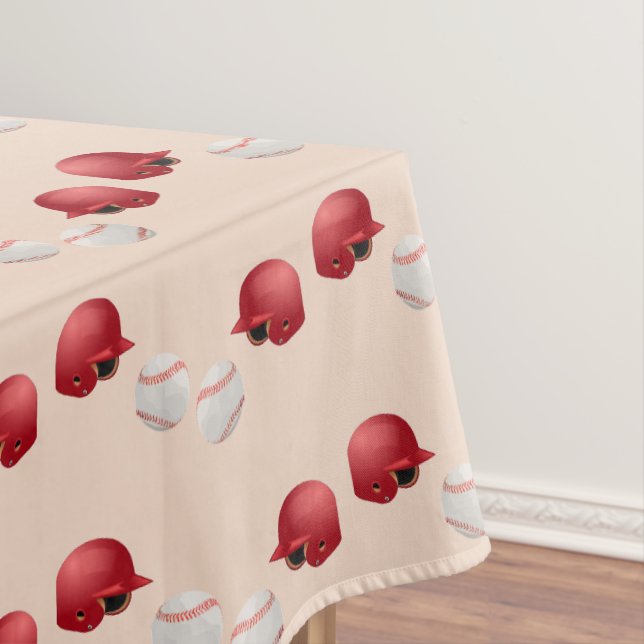 Baseball helmet and balls on tablecloth (In Situ)