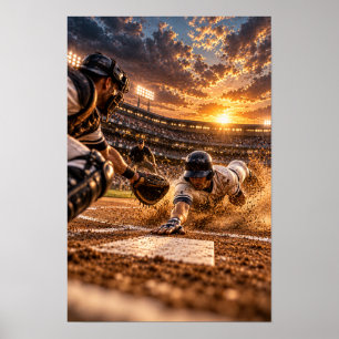 Baseball Home Plate Slide – Dramatic Sunset Sports Poster