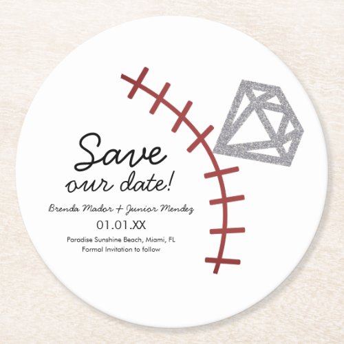 Baseball Homerun Diamond Gem  Save The Date  Round Paper Coaster