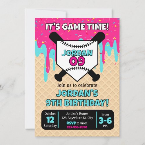 Baseball Ice Cream Drip Birthday Invitation
