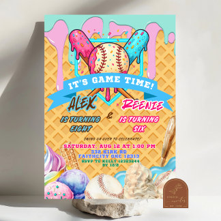 Baseball Ice Cream Drip Twins Birthday Party Invitation