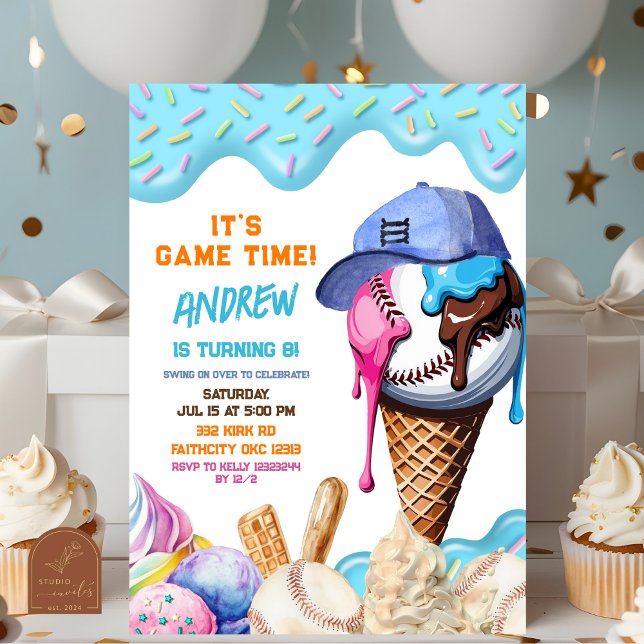 Baseball Ice Cream Dripping Birthday Party  Invitation (Creator Uploaded)