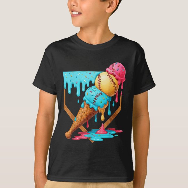 Baseball Ice Cream Dripping Funny Baseball Men Kid T-Shirt (Front)